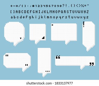 collection set of retro game 8bit line pixel speech bubble balloon with alphabet black and white color with shadow, flat design vector illustration