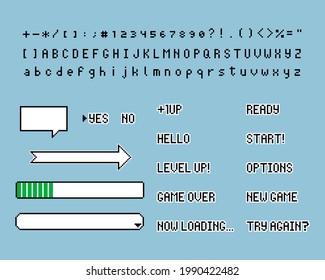 collection set of retro game 8bit line pixel speech bubble balloon with alphabet, black and white color, flat design vector illustration