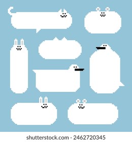 collection set of retro game 8bit pixel art animal pet cat bird rabbit bear text box memo speech bubble balloon black and white color, flat design vector illustration