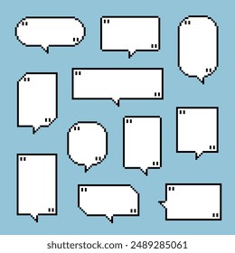collection set of retro game 8bit pixel speech bubble balloon black and white color with quotation marks, flat design vector illustration