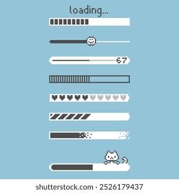 Conjunto de colección de juego retro 8bit pixel art proceso de carga barra de contador de progreso, Ilustración vectorial de diseño plano
