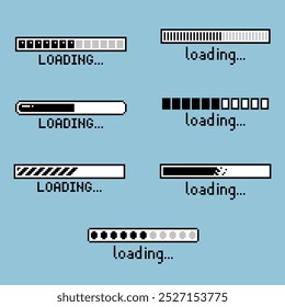collection set of retro game 8bit pixel art loading process progress counter bar computer battery, flat design vector illustration