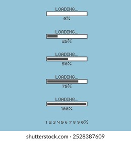 collection set of retro game 8bit pixel art loading process progress counter bar computer battery, banner, flat design vector illustration