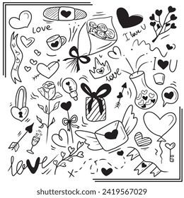 Collection set for Saint Valentine's day celebration with bouquet of flowers, gift, letters, heart, love concepts. Hand drawn vector sketch illustrations in doodle line art design. Plaster branch icon