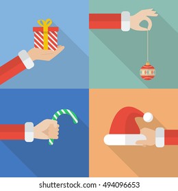 Collection set of Santa hand holding christmas objects. Vector illustration