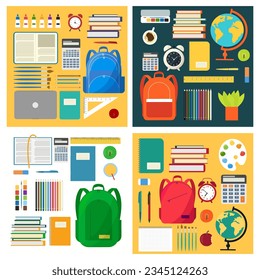 Collection of set school supplies. Back to school. School stationery, icon, tools. Vector illustration. 