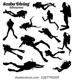 Collection set of scuba diving silhouette vector illustrations.