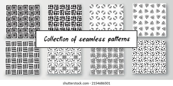 Collection set seamless abstract geometric pattern black and white hand-drawn