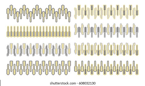 Collection / Set of seamless brushes with Scandinavian geometric pattern of fir and pine trees in black, white, and golden colors. Vector elements for border and divider design.