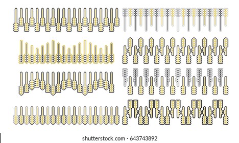 Collection / Set of seamless brushes with Scandinavian geometric pattern of fir and pine trees in black, white, and golden colors. Vector elements for border and divider design.