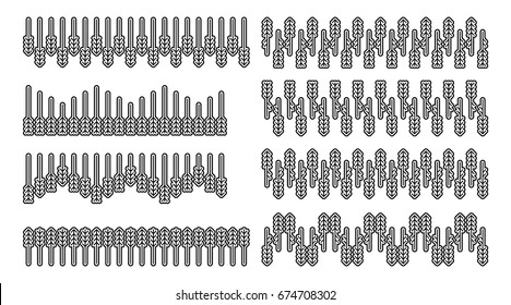 Collection / Set of seamless brushes with Scandinavian geometric pattern of fir and pine trees in black and white. Vector elements for border and divider design.