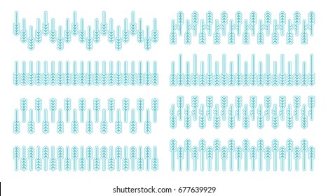 Collection / Set of seamless brushes with Scandinavian geometric pattern of fir and pine trees in white and light blue. Vector elements for border and divider design.