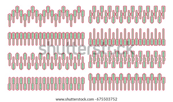 Collection / Set of seamless\
brushes with Scandinavian geometric pattern of fir and pine trees\
in white, red, and green. Vector elements for border and divider\
design.