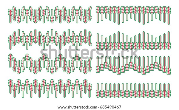 Collection / Set of seamless\
brushes with Scandinavian geometric pattern of fir and pine trees\
in white, red, and green. Vector elements for border and divider\
design.