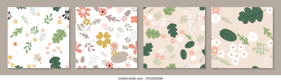 Collection Set Seamless Pattern Background with Simple Flower Design Elements. Vector Illustration