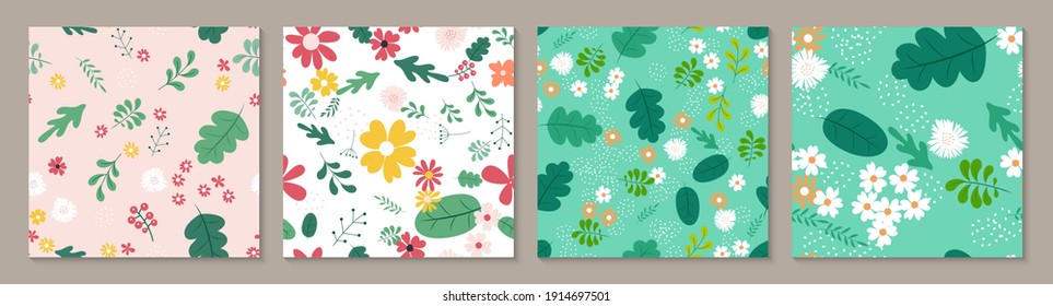 Collection Set Seamless Pattern Background with Simple Flower Design Elements. Vector Illustration