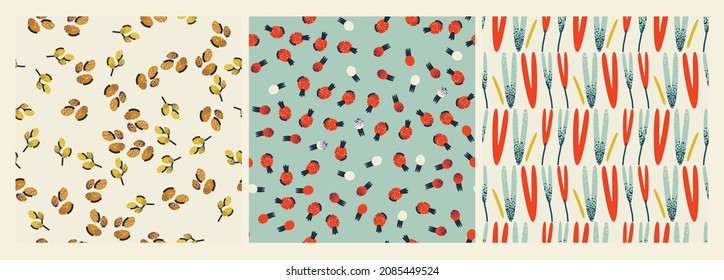 Collection, set with seamless patterns with berries, flowers, hearts. Stylish prints, backgrounds.  Vector 