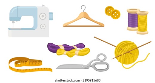 Collection set of sewing kit sewing machine scissors wool thread coat hanger measurement tape button 