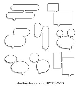 collection set of simple black and white speech bubble balloon, text box in circle and square shape, think speak talk text box banner with shadow, flat design vector illustration
