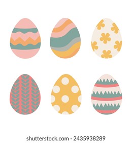 Un conjunto de seis huevos de conejo decorados artísticamente con varios colores para las celebraciones de Pascua