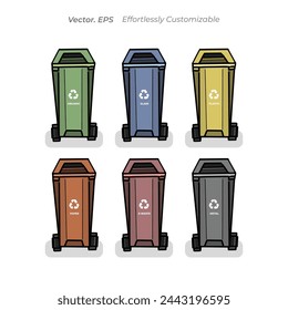 Collection Set of six isolated plastic garbage trash containers with text recycle symbol and waste vector illustration