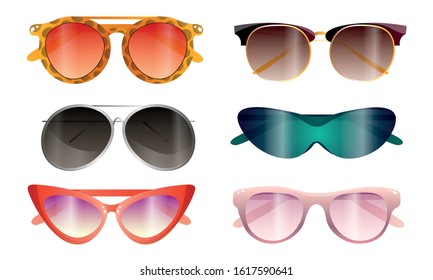 Collection set of six various colorful sunglasses. Vector illustration in flat cartoon style.