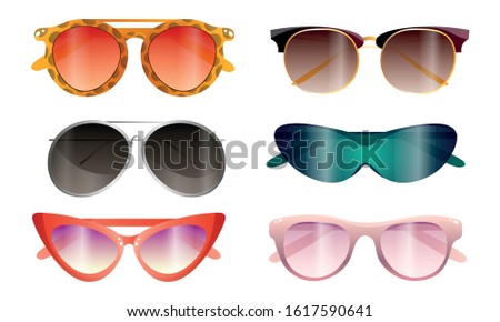 Collection set of six various colorful sunglasses. Vector illustration in flat cartoon style.