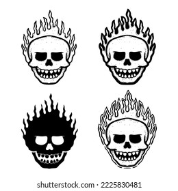 Collection set skull fire Illustration hand drawn sketch for tattoo, stickers, logo, etc