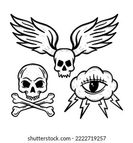 Collection set skull Illustration hand drawn sketch for tattoo, stickers, etc
