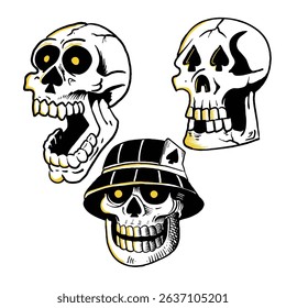 Collection set Skull Illustration hand drawn sketch doodle for tattoo, stickers, logo,