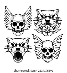 Collection set skull and panther Doodle Illustration hand drawn sketch for tattoo, stickers, etc