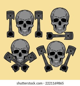 Collection set skull piston doodle Illustration hand drawn sketch colorful for tattoo, stickers, etc