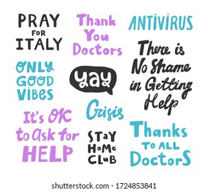 Collection set for social media content. Vector hand drawn illustration with cartoon lettering. Pray for Italy, thank you doctors, stay home club, it's ok to ask for help, antivirus, yay, good