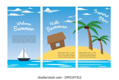 Collection set of social media stories design templates summer backgrounds. Summer sunny landscape with beach, sea, ocean and seaside waves. Summer vacation or tourist agency background.