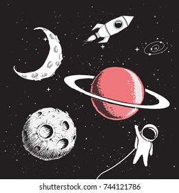 Collection set of space elements.Hand drawing style.Vector illustration