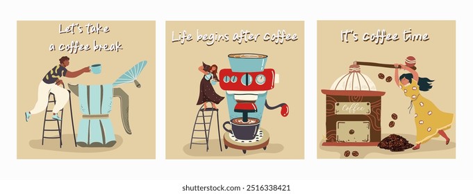 Collection, set of square invitation templates, posters, postcards with tiny people and huge symbols, with coffee quotes, people, equipment, coffee maker, coffee machine, grinder. 