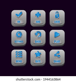 conjunto de botones de piedra cuadrada con iconos de gelatina para elementos de activos ui de juego ilustración vectorial