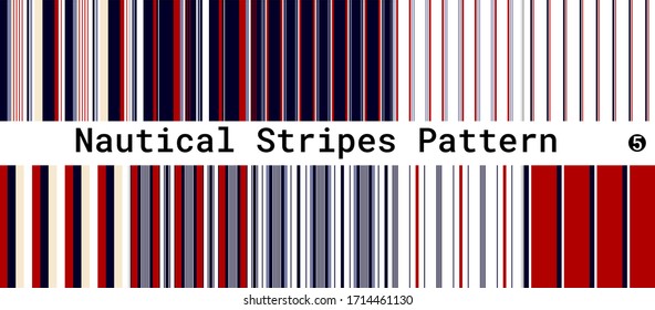 Collection set of striped seamless patterns. Nautical stripe pattern with Navy blue, Red, Classic blue, Beige and white colors vertical parallel stripes.Vector abstract background.