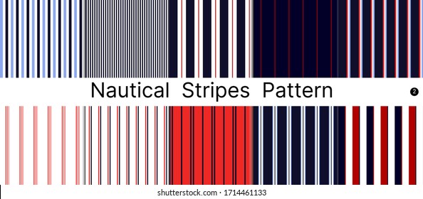 Collection set of striped seamless patterns. Nautical stripe pattern with Navy blue, Red, Classic blue and white colors vertical parallel stripes.Vector abstract background.