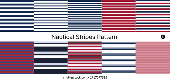 Collection set of striped seamless patterns. Nautical stripe pattern with Navy blue, Red, Classic blue and white colors horizontal parallel stripes.Vector abstract background.