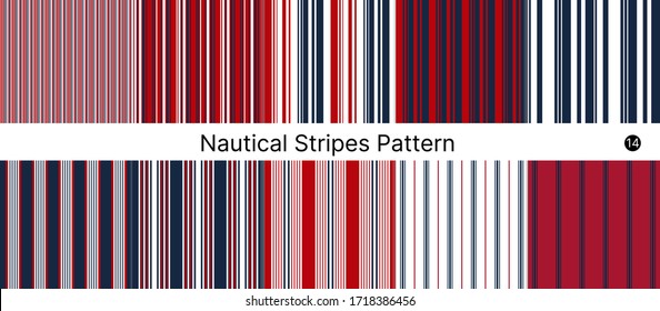 Conjunto de colecciones de patrones sin fisuras. Patrón de rayas náuticas con franjas paralelas verticales de color azul, rojo, azul clásico y blanco.Fondo abstracto vectorial.