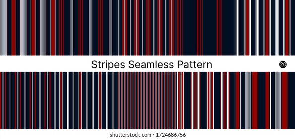 Collection set of striped seamless patterns. Nautical stripe pattern with Navy blue, Red, and white colors vertical parallel stripes.Vector abstract background.
