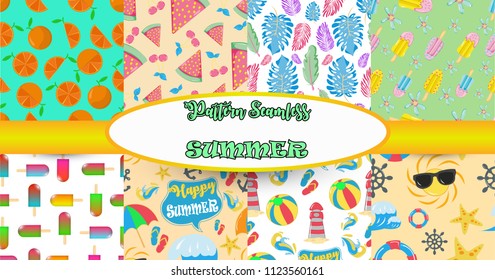 collection set of summer vacation seamless pattern. Beach umbrella, lifebuoy, diving, equipment, Vector abstract template for greeting card or invitation design