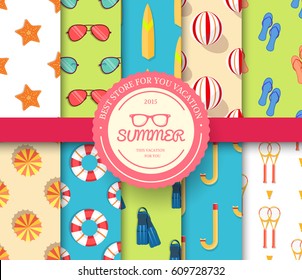 collection set of summer vacation seamless pattern. Beach umbrella, lifebuoy, diving, equipment, towel, ocean with label logo concept. Vector abstract template for greeting card or invitation design