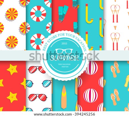 collection set of summer vacation seamless pattern. Beach umbrella, lifebuoy, diving, equipment, towel, ocean with label logo concept. Vector abstract template for greeting card or invitation design