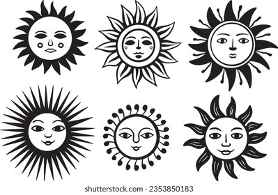 Collection set of sun face doodle sketch illustration