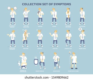 collection set of symptoms with man such as coughing, vomiting, stomach ache, headache, patient with iv stand, disease health care concept, flat character design clip art vector illustration
