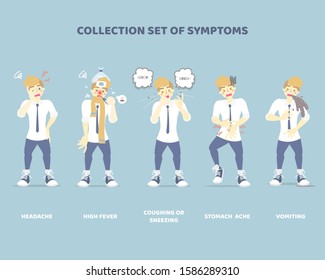 collection set of symptoms with man such as sneezing, coughing, vomiting, high fever, stomach ache, headache, disease health care concept, flat character design clip art vector illustration