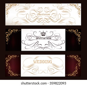 Collection or set of templates or cards invitations menu designs in luxury vintage style dark white and golden colors