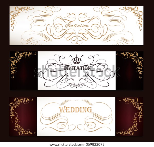 Collection or\
set of templates or cards invitations menu designs in luxury\
vintage style dark white and golden\
colors